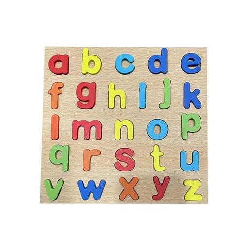 Wooden alphabet puzzle with colorful letters on a white background
