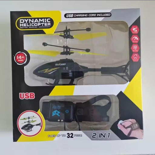 Boxed dynamic helicopter with USB charging cord included on a white background