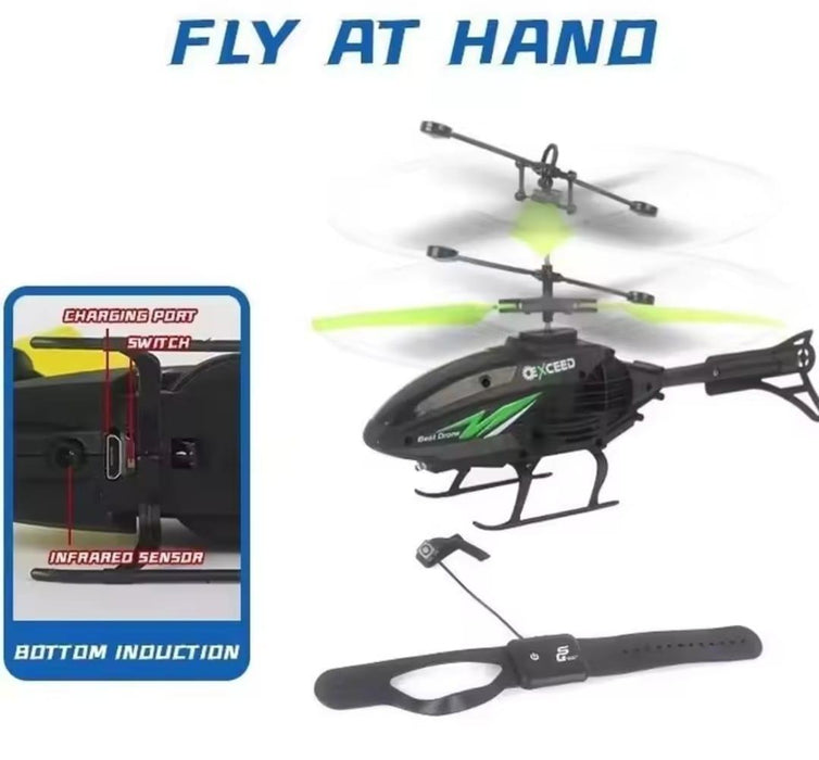 Toy helicopter with charging port switch and infrared sensor details on a white background