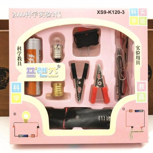 Science experiment kit packaging with various components on a pink background