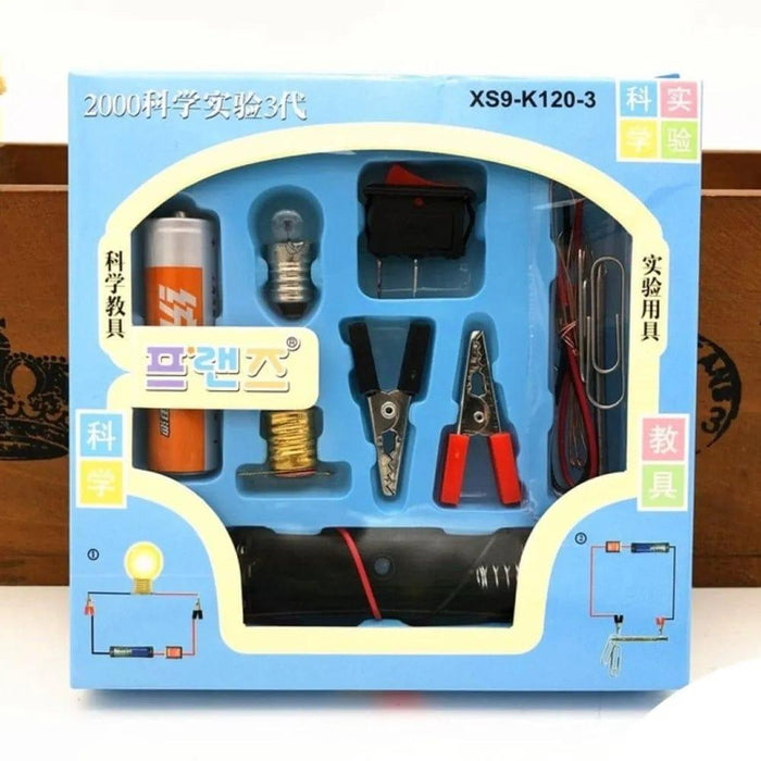 Children's science experiment kit packaging with various components on a blue background