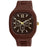 Brown wristwatch with a unique face design on a white background