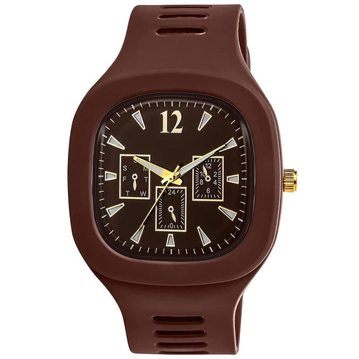 Brown wristwatch with a unique face design on a white background