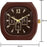 Brown wristwatch with black face and measurements on a white background