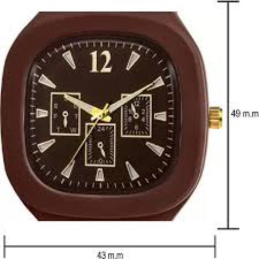 Brown wristwatch with black face and measurements on a white background