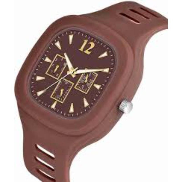 Brown wristwatch with a unique design on a white background