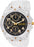 Clear wristwatch with black dial and gold accents on a white background