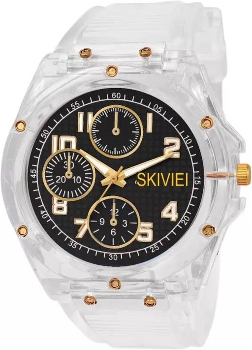 Clear wristwatch with black dial and gold accents on a white background
