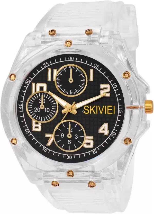 Clear wristwatch with black dial and gold accents on a white background