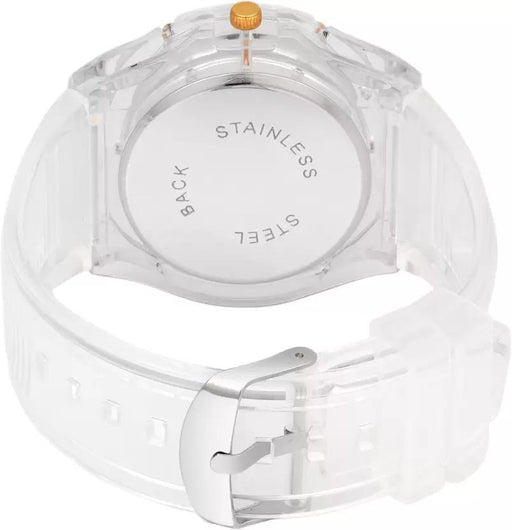 Clear watch case with 'Stainless Steel' text on a white background