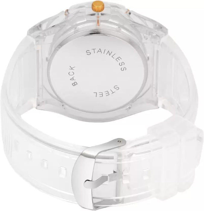 Clear watch case with 'Stainless Steel' text on a white background