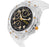 Clear wristwatch with black dial and gold accents on a white background