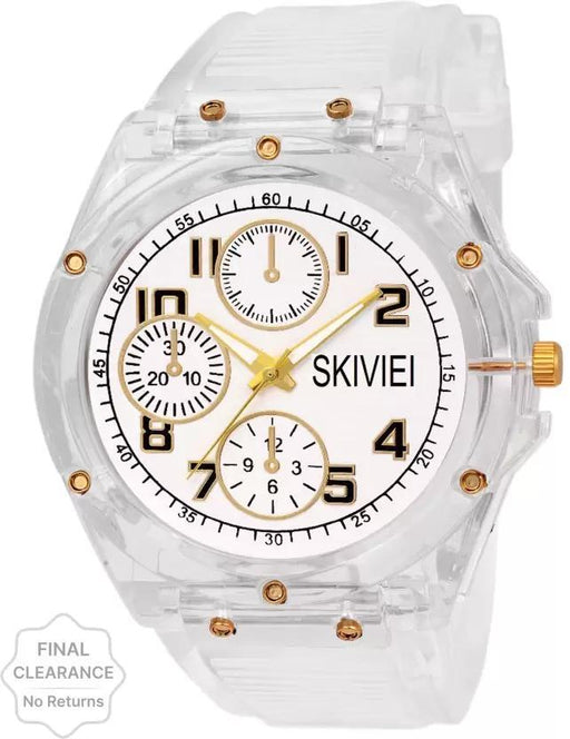 Clear wristwatch with gold accents and 'SKIVIEI' branding on a white background