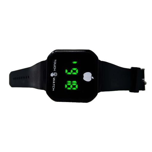 Black digital watch with green display on a white background
