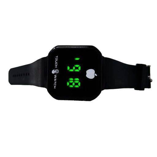 Black digital watch with green display on a white background