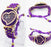Purple heart-shaped watch with gold accents on a white background