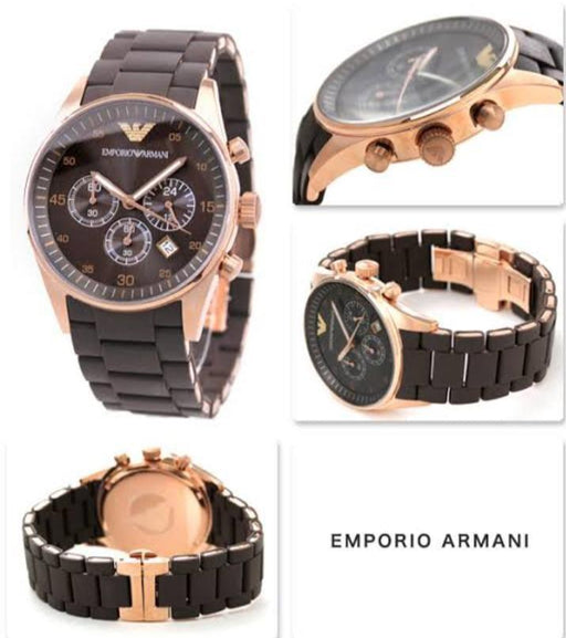 Emporio Armani watch with black and rose gold band on a white background