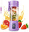 Purple portable blender with fruits and juice splashes on a white background