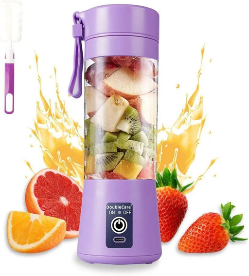 Purple portable blender with fruits and juice splashes on a white background