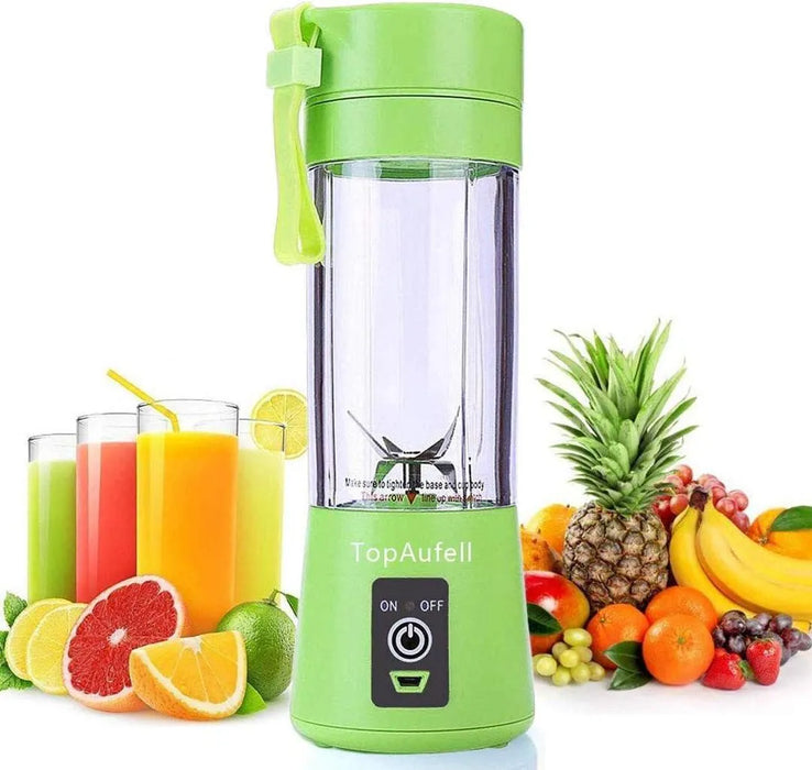 Green portable blender with fruits and drinks on a white background