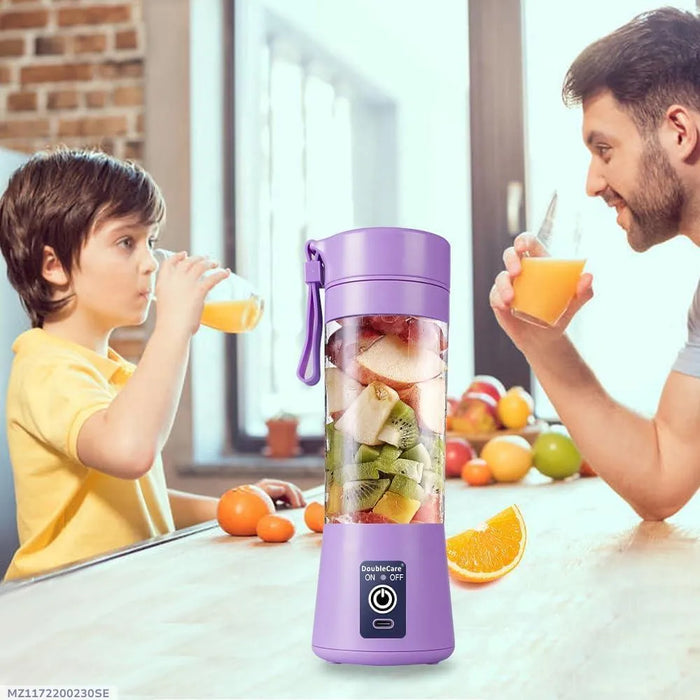 Purple portable blender with fruits inside, being used by a child and a man to drink juice.