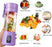 Purple portable blender with images of various drinks and ingredients on a white background
