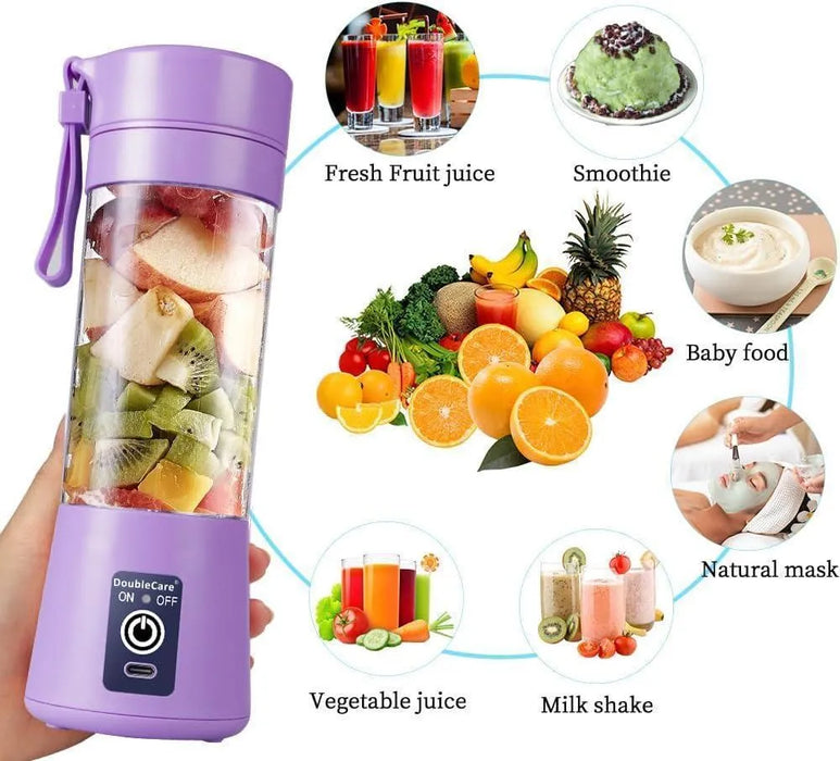 Purple portable blender with images of various drinks and ingredients on a white background