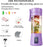 Purple portable blender with fruit inside, USB rechargeable features highlighted.