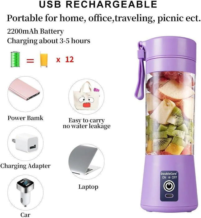 Purple portable blender with fruit inside, USB rechargeable features highlighted.