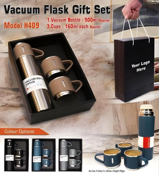 Vacuum flask gift set with bottle and cups, packaging, and color options displayed.