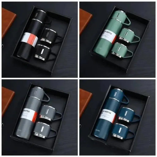 Set of thermos bottles with matching cups in black, green, gray, and blue packaging.