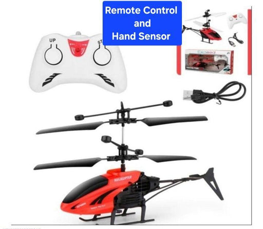 Red and black remote control helicopter with controller, USB cable, and packaging on a white background.