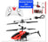 Red and black remote control helicopter with controller, USB cable, and packaging on a white background.
