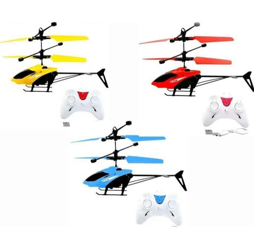 Four colorful RC helicopters with remote controls on a white background