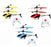 Four colorful RC helicopters with remote controls on a white background