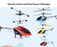 Multiple remote control and hand sensor helicopters on a light blue background
