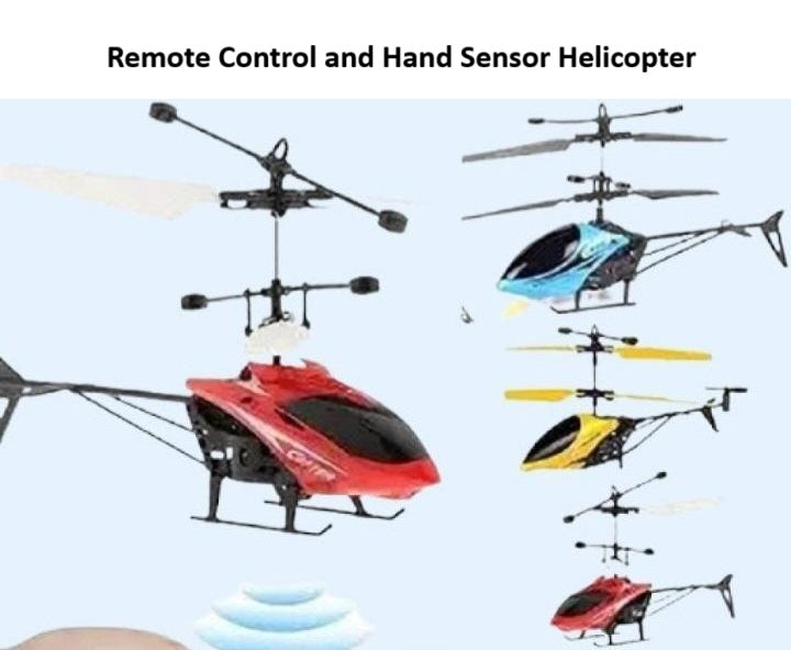 Multiple remote control and hand sensor helicopters on a light blue background