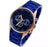 Blue watch with rose gold accents on a white background