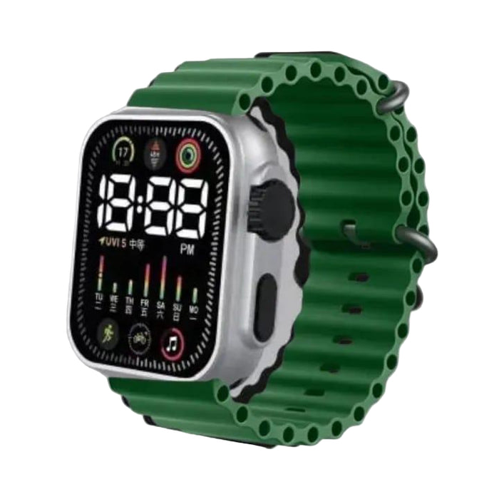 Digital watch with a green strap on a gray background