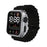 Digital watch with black strap on a gray background