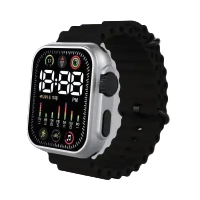 Digital watch with black strap on a gray background