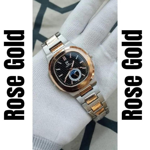 Rose gold watch on a white fabric background with 'Rose Gold' text on either side.
