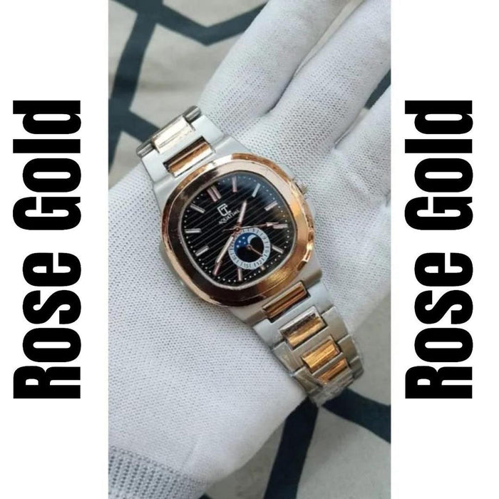 Rose gold watch on a white fabric background with 'Rose Gold' text on either side.
