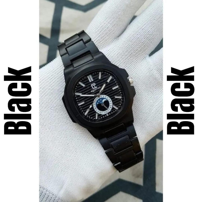 Black watch on a white surface with 'Black' text on either side.