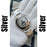 Silver watch on a white glove with 'Silver' text on a white background