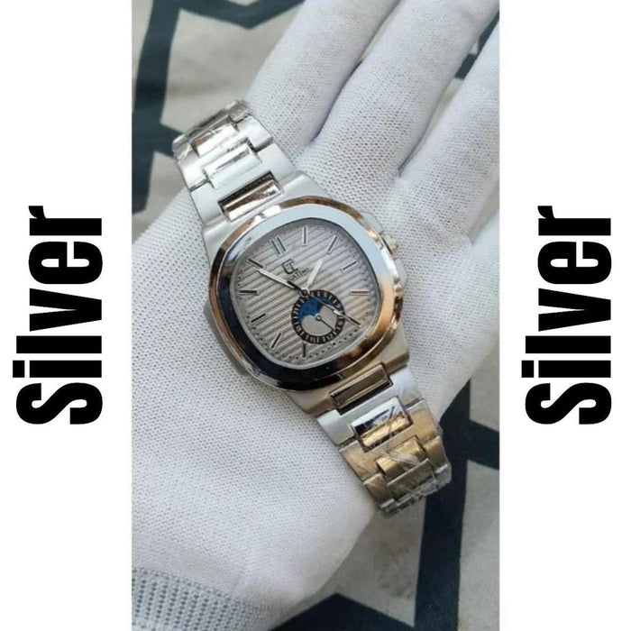 Silver watch on a white glove with 'Silver' text on a white background
