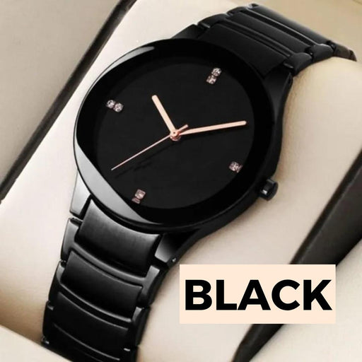 Black wristwatch with a black strap on a neutral background