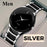 Men's silver and black watch with 'SILVER' label on a gray background