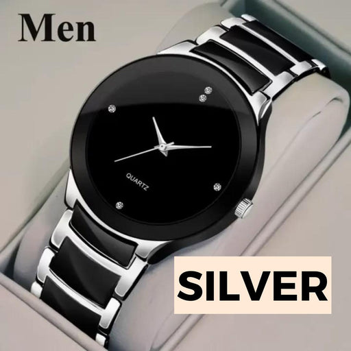 Men's silver and black watch with 'SILVER' label on a gray background