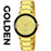 Gold wristwatch with a black face on a white background, labeled 'GOLDEN'.